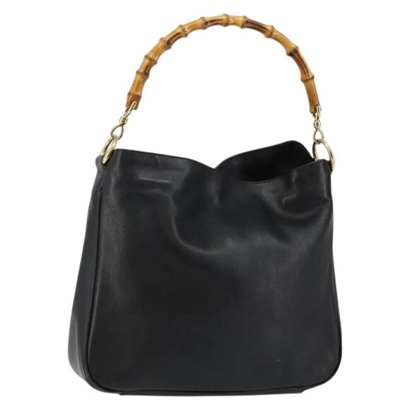 GUCCI Bamboo Hand Bag Leather Black Gold 001 3754 1638 Auth BA6049 - Picture 1 of 16